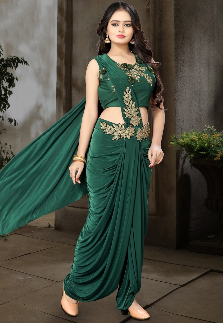 Green Linen Floral Dhoti Saree for Girls