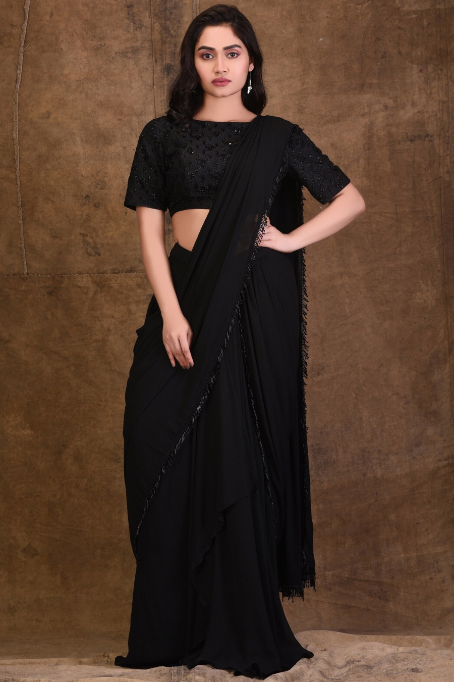 Ready to Wear Sari Black Velvet Stitched Saree Ready Blouse - Etsy