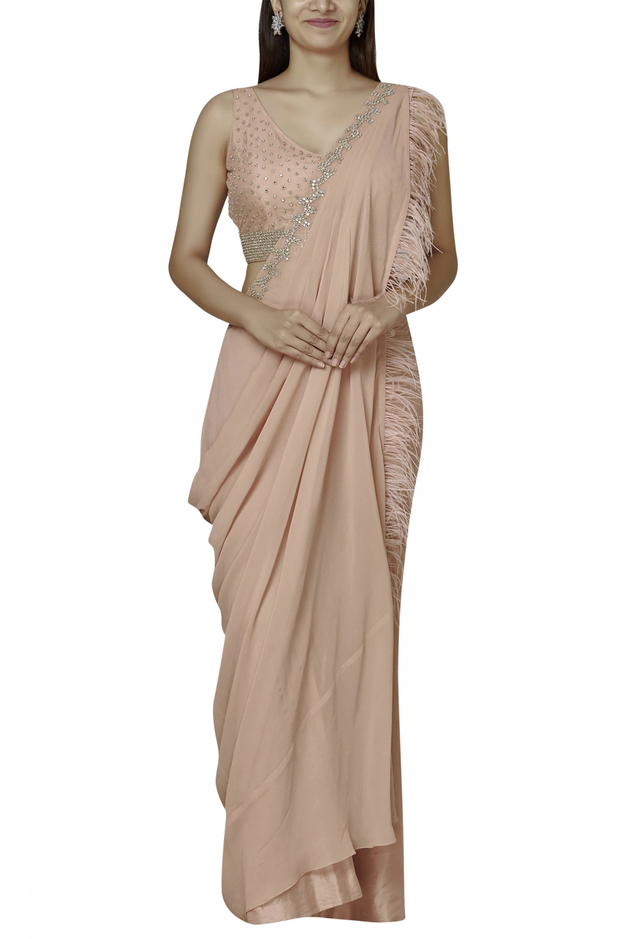 Stylish Beige Pre-Stitched Blended Silk Saree - Clothsvilla