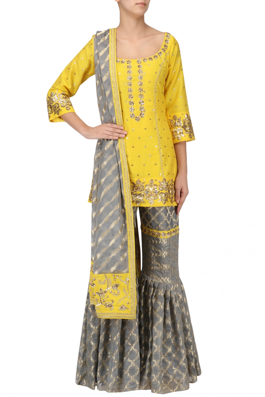 Buy Yellow And Gray Color Sharara Suit Online on Fresh Look Fashion