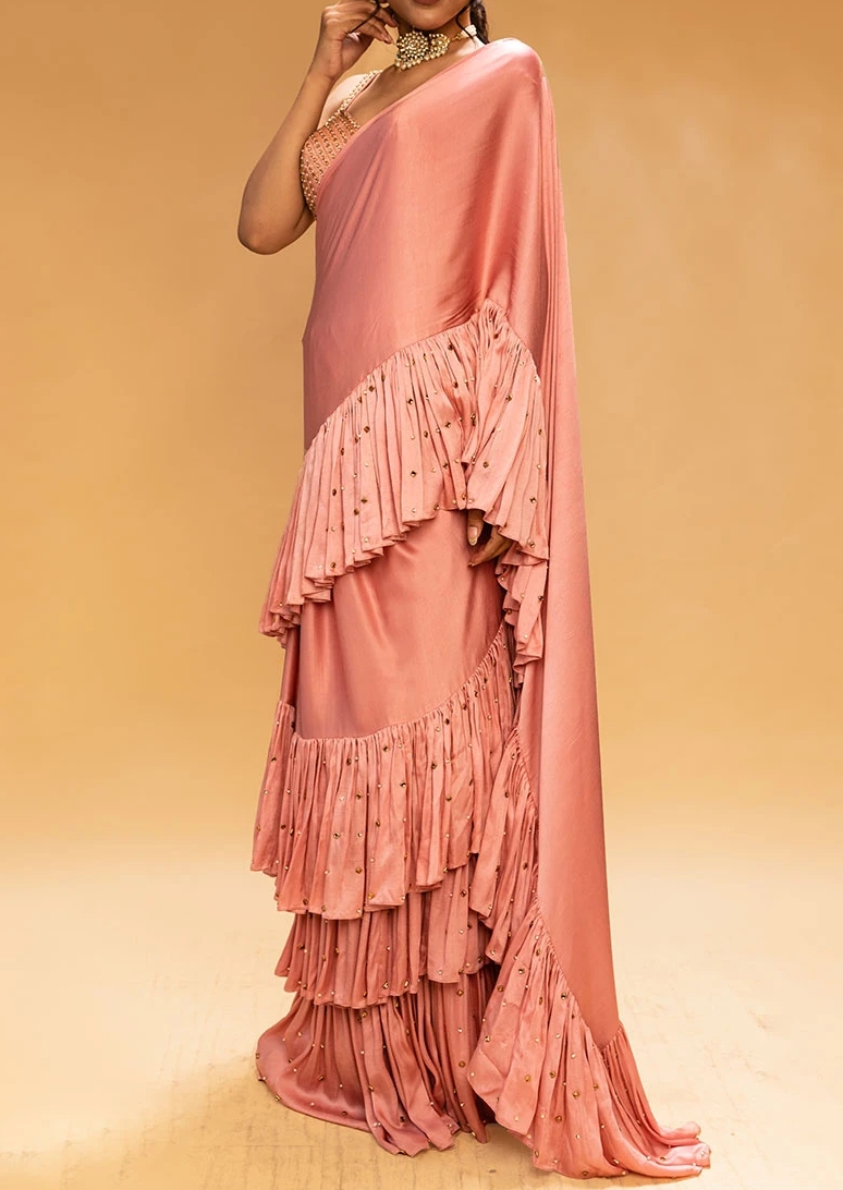 Peach Ruffle Pre-Draped Sharara Sari – Preserve