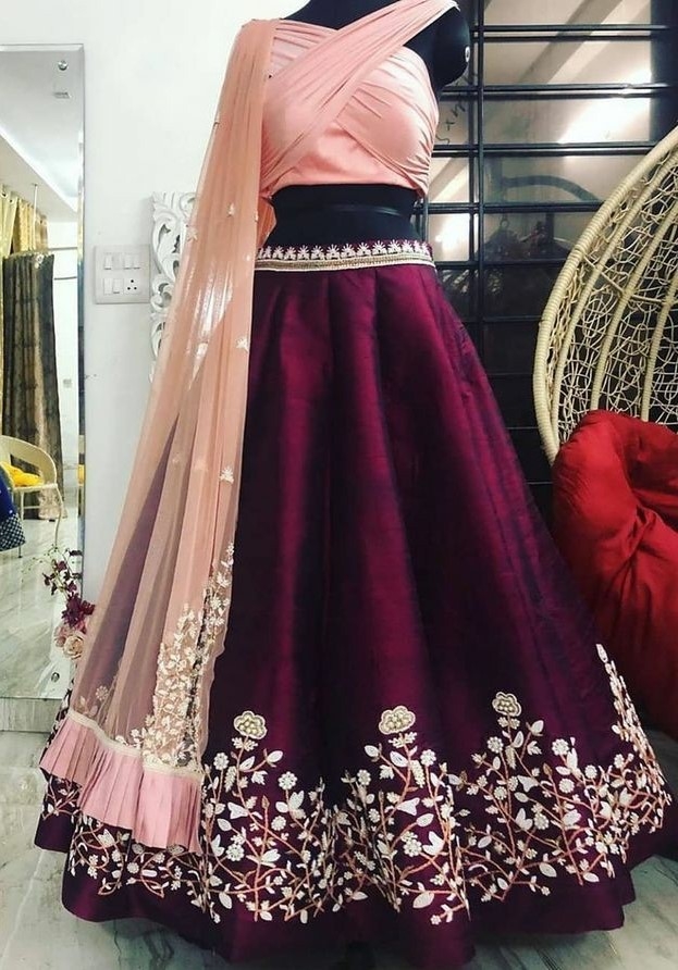 Buy Dusty Pink Multi-Thread Velvet Lehenga Choli With Double Dupatta Online  At Zeel Clothing