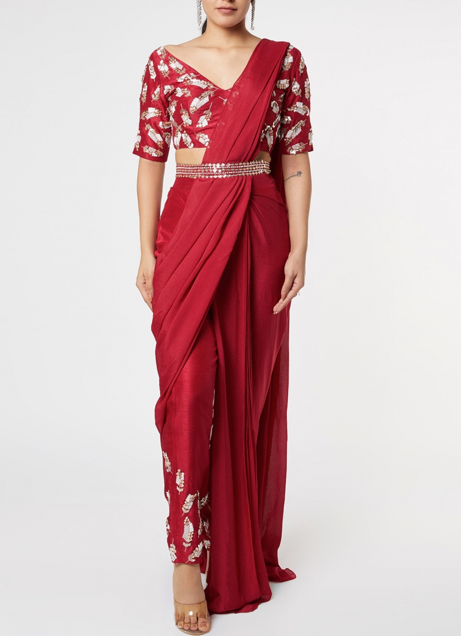 Nude Pink Tribal Booti Pant Saree With Embroidered Belt – The Funky Fish