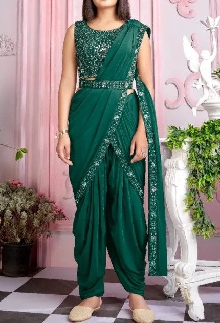 Buy Green Stitched Dhoti Saree Online on Fresh Look Fashion