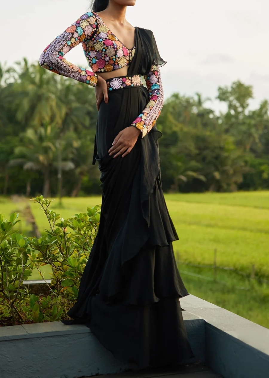 Black pre-draped Ruffled saree set – shopniamh
