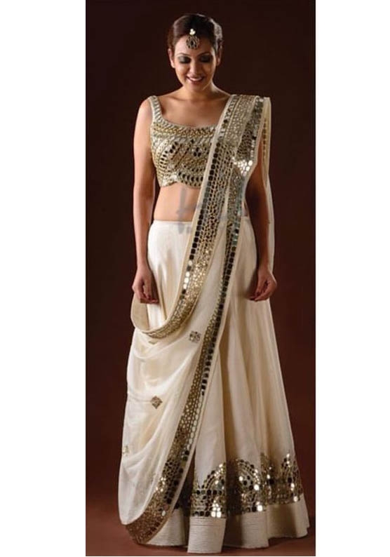 Off White Satin Silk Handloom Banarasi Lehenga - Sacred Weaves