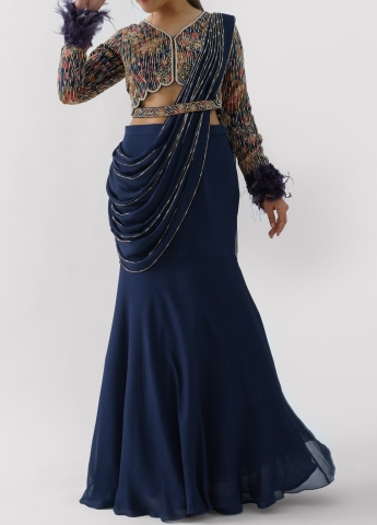 Blue Pre Draped Saree Gown