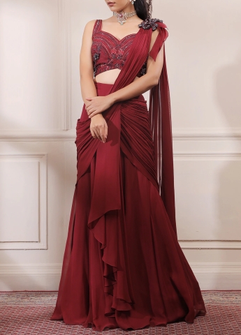 Deep Red Pre Draped Saree Gown