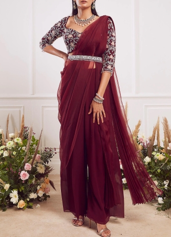 Maroon Plazo Saree With Belt