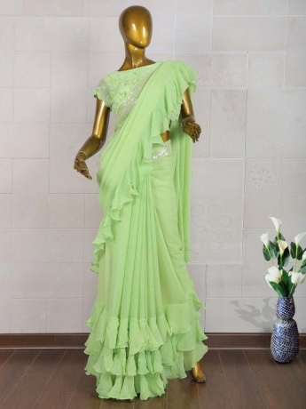 Light Green Color Ruffle Saree