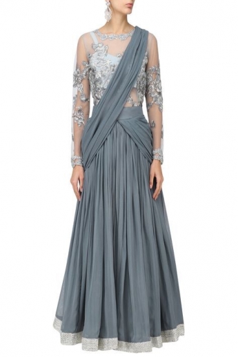 Gray Color Pre-Stitched Lehenga Saree