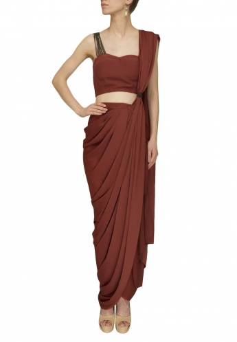 Saddle Brown Color Pre-Stitched Saree