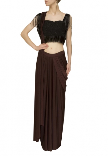 Dark Brown Color Pre-Stitched Saree