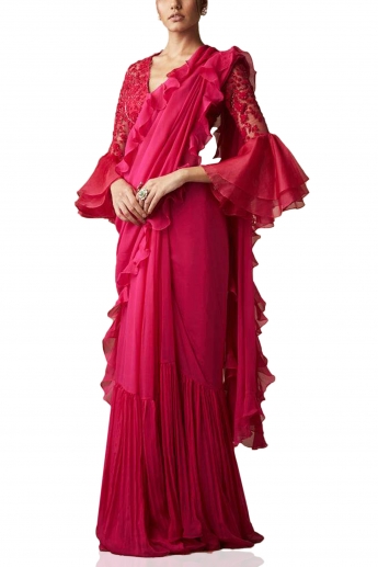 Red Color Ruffle Saree