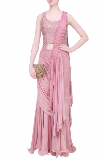 Pink Color Stitched Saree Gown