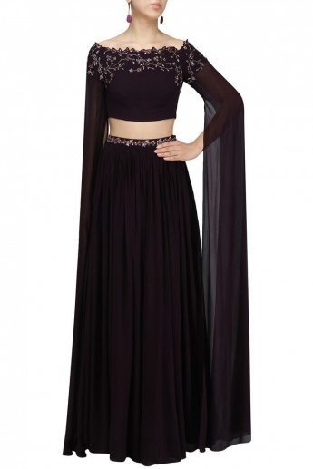 Deep Purple Color Crop Top Skirt