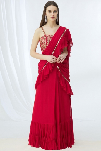 Red Color Ruffle Saree