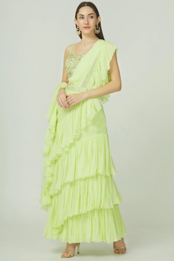 Pale Green Color Ruffle Saree