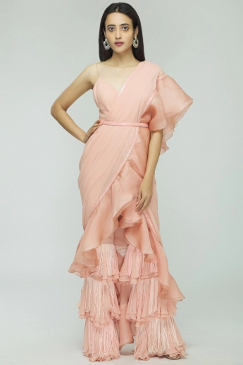 Light Peach Color Sharara Ruffle Saree