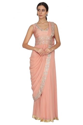 Peach Color Pre Stitched Saree