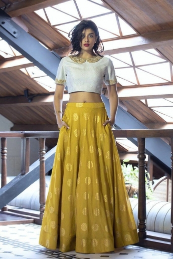 Yellow And White Color Crop Top Skirt