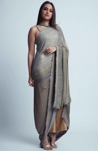 Gray And Golden Plazo Saree