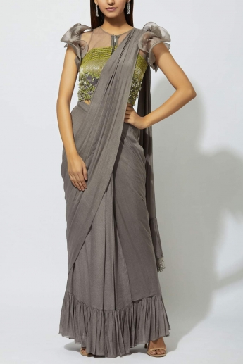 Gray Color Stitched Ruffle Saree