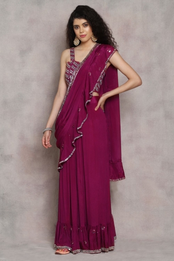 Maroon Color Pre Drape Ruffle Saree