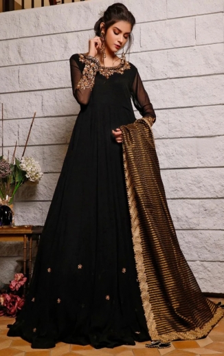 Black And Golden Color Long Dress With Dupatta