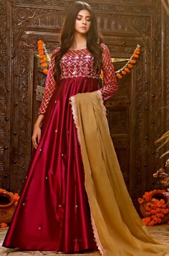 Red And Golden Color Long Dress With Dupatta