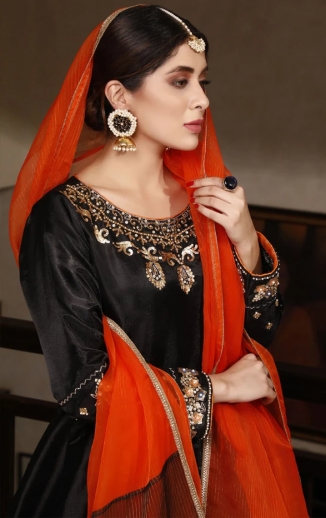 Black And Red Color Long Dress With Dupatta