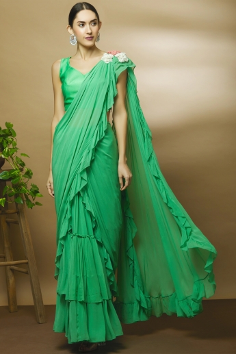 Green Color Ruffle Saree