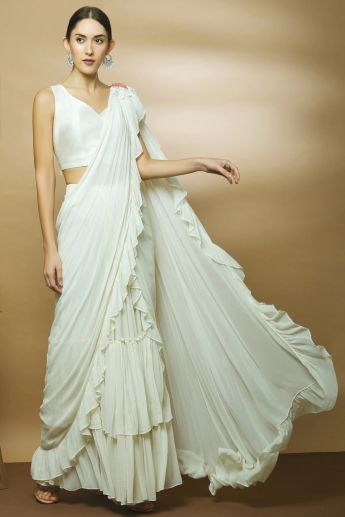 Floral White Color Ruffle Saree