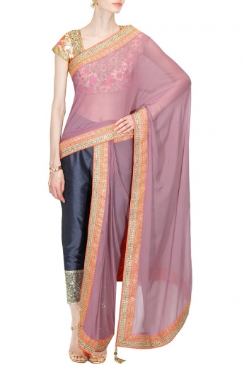 Pink And Gray Color Pant Saree