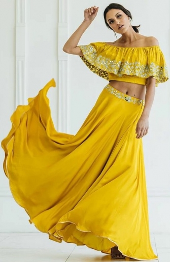 Yellow Color Crop Top And Skirt