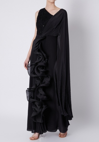 Black Ruffle Stitched Saree Gown