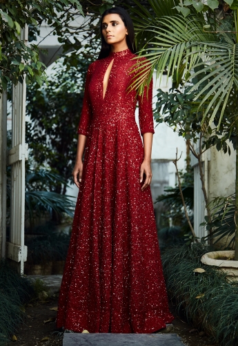 Red Sequence Long Gown