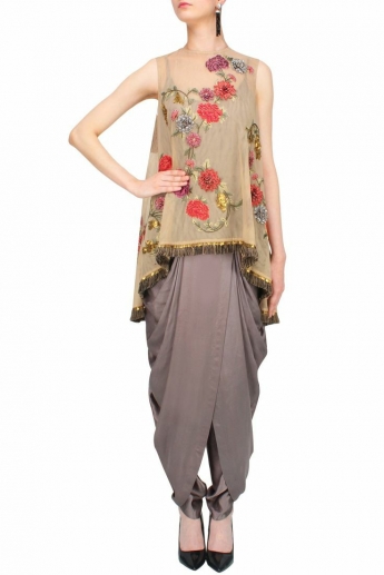 Gray And Beige Dhoti Dress With Cape