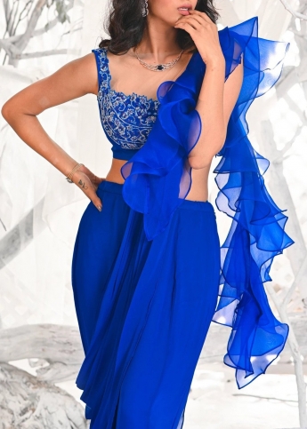 Blue Color Ruffle Saree