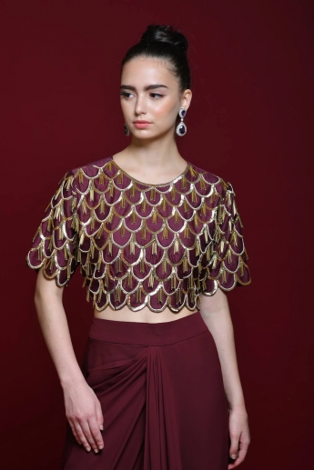 Maroon Crop Top With Dhoti Skirt