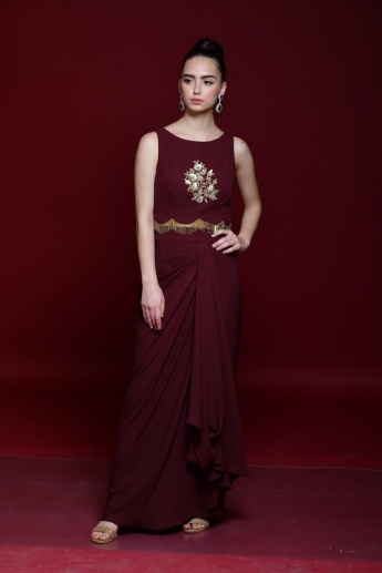 Maroon Crop Top With Dhoti Skirt