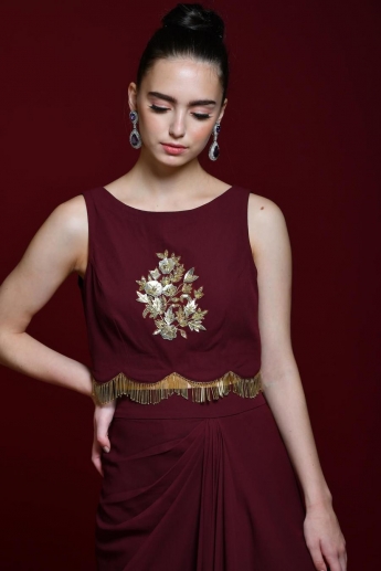 Maroon Crop Top With Dhoti Skirt