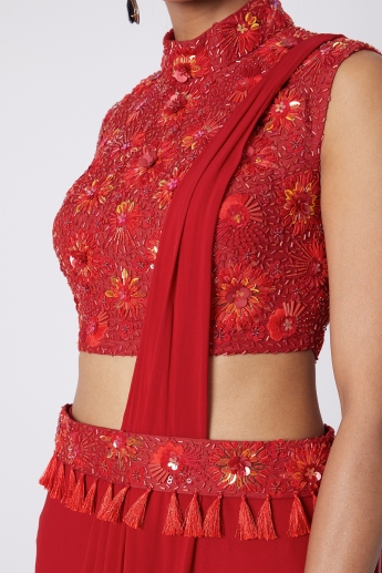 Red Stitched Sharara Saree