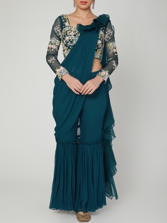 Teal Stitched Sharara Saree