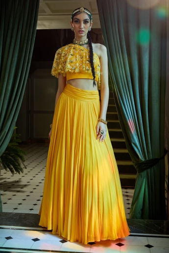 Yellow Crop Top And Skirt Lehenga