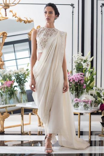 Floral White Color Plazo Saree