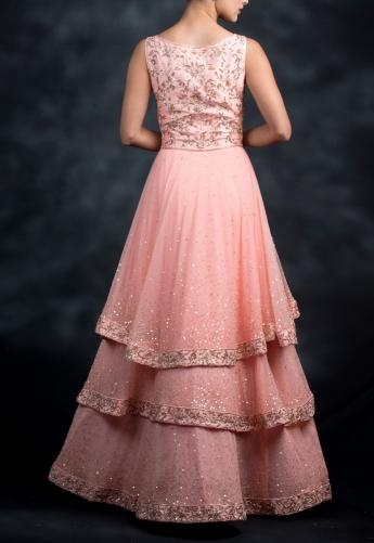 Peach Color Ruffle Long Gown