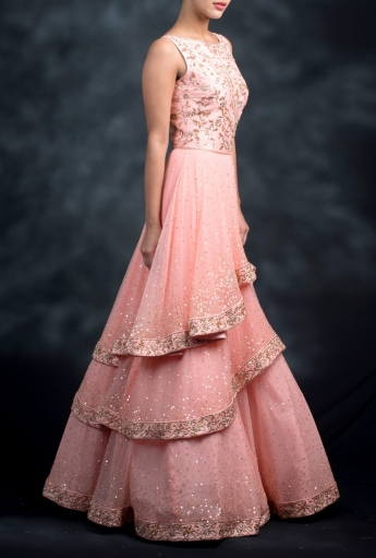 Peach Color Ruffle Long Gown