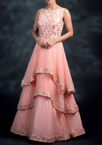 Peach Color Ruffle Long Gown