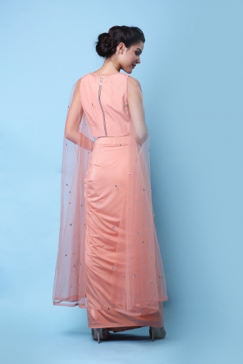 Peach Crop Top And Skirt With Cape